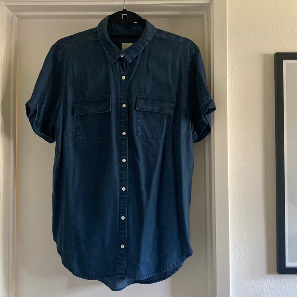 A new day denim blouse. NWT. Size L